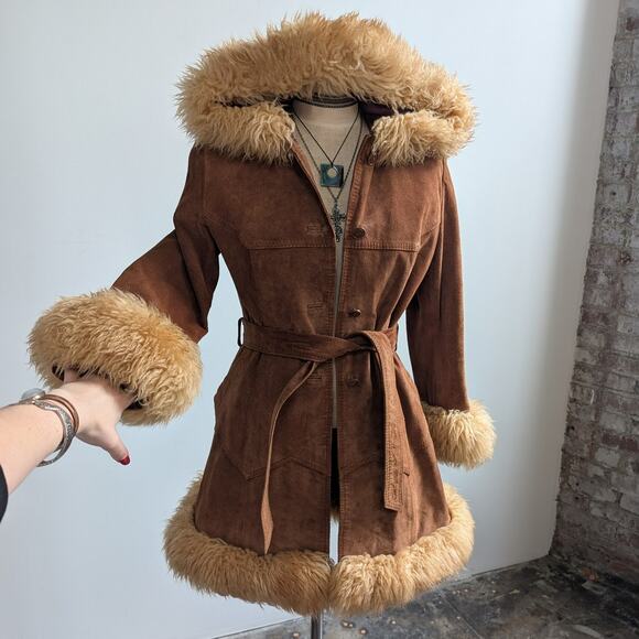Vintage Brown Suede Coat Penny Lane Jacket Leather Trench Fur Coat Afghan Small - Picture 2 of 15